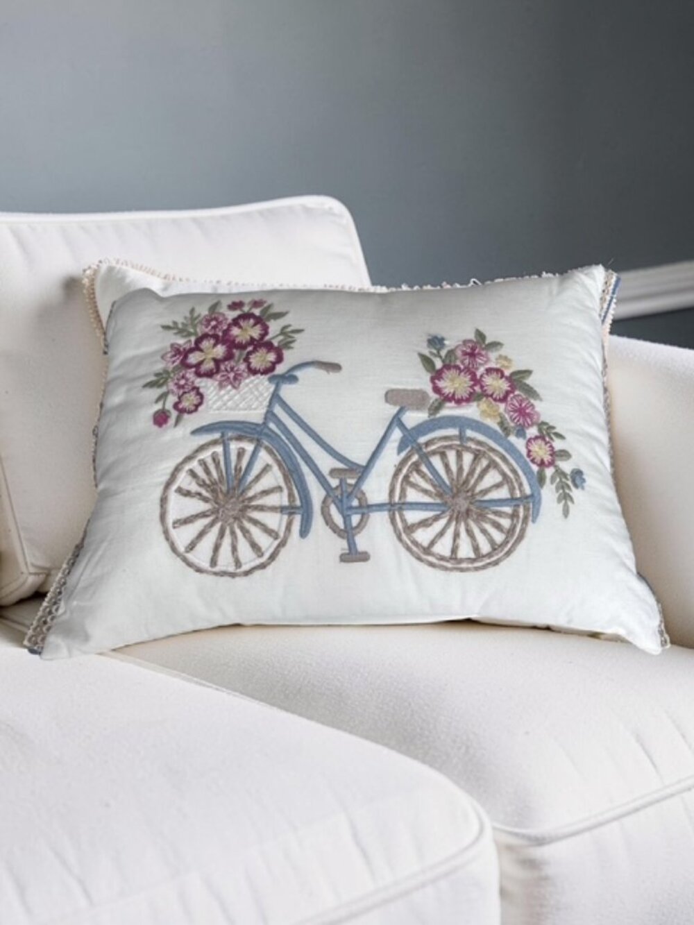 Vintage Y2K style Pier 1 Bicycle Embroidered Floral Square Throw Pillow Zipper c